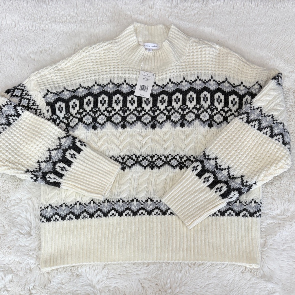 Adyson Parker Black and white Fair Isle Cable Knit Sweater,Size L. - Picture 15 of 17